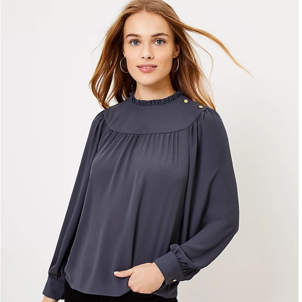 🆕 EUC LOFT Ruffle Neck Bib Blouse dark grey